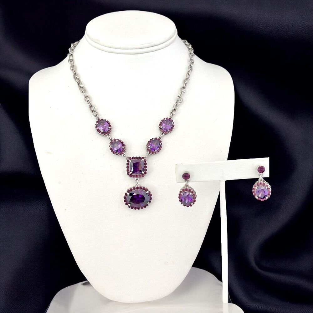 New Necklace & Earrings Set Purple Crystal Silver Tone - 9E